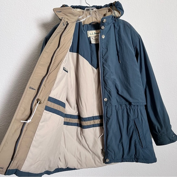 L.L. Bean Blue & Tan Gore Tex Hooded Insulated Winter Storm Coat Large - Picture 11 of 16